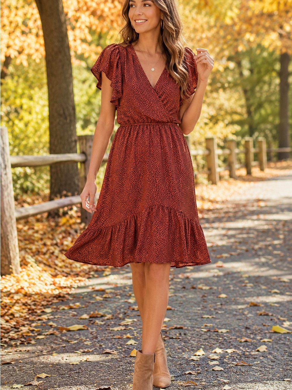 Rust Red Flutter Sleeve Wrap Midi Dress